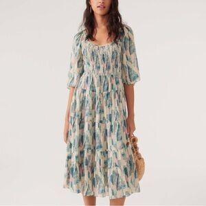 ba&sh Teoli Open Tie Back Patterned Midi Dress Pink US 3 Large Turquoise NWT